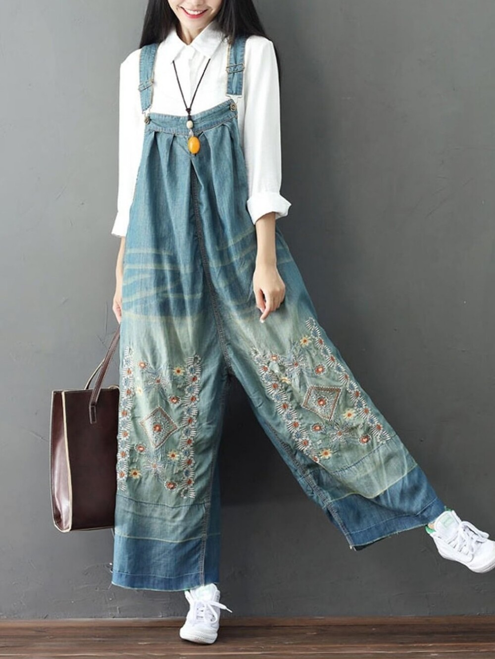 Yesno Boho Loose Baggy Embroidered Denim Wide Leg Overalls  Jumpsuit Romper